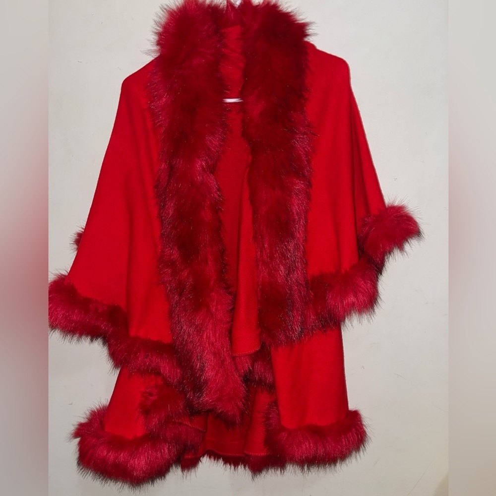 Beautiful Red Sweater Shawl Jacket with Faux Fur